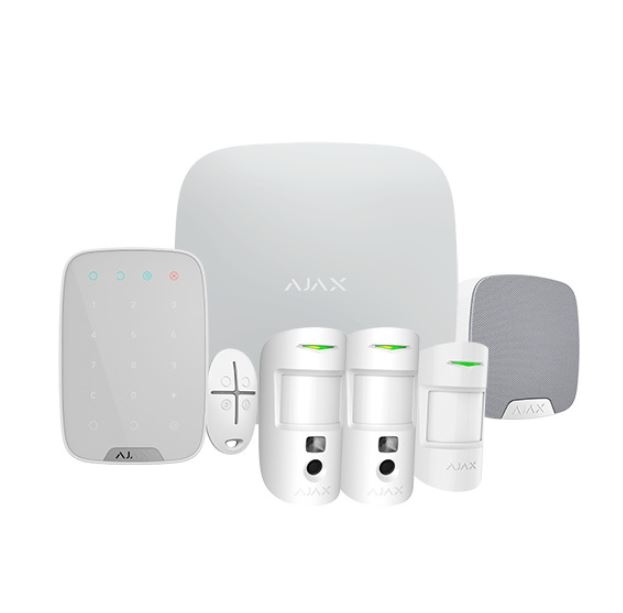 Ajax. KIT HUB2-4G. Incluye HUB2-4G-W, 2 fotodetectores MOTIONCAM-W, 1 mando SPACECONTROL-W, teclado KEYPAD-W y sirena HOMESIREN-